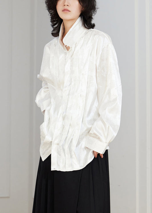 Women's Silk Button Front Shirt White With Jacquard Details - OutfitLondon