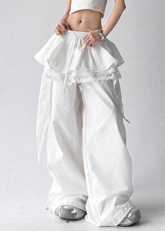 Women's Cotton Lace Pants Elastic Waist White - OutfitLondon