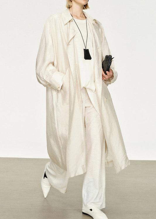 Women's Linen Silk Trench Coat Plus Size White Bat Wing Sleeves - OutfitLondon