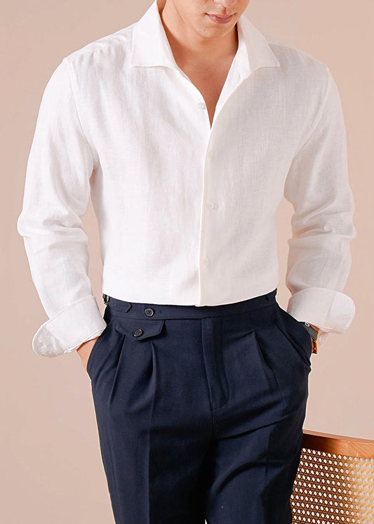 Men's White Linen Shirt Peter Pan Collar Breathable Lightweight - OutfitLondon