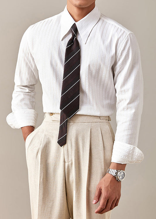 Mens Cotton Button Down Shirt White Striped Long Sleeve - OutfitLondon