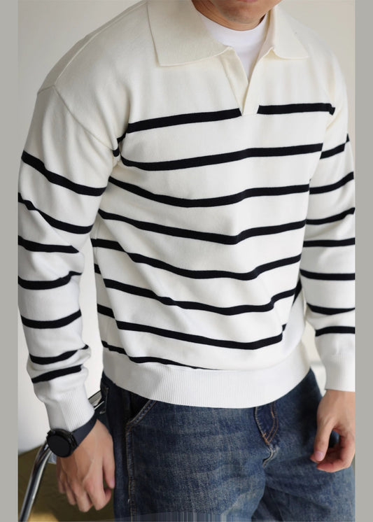 Men's White Striped Sweater Peter Pan Collar - OutfitLondon