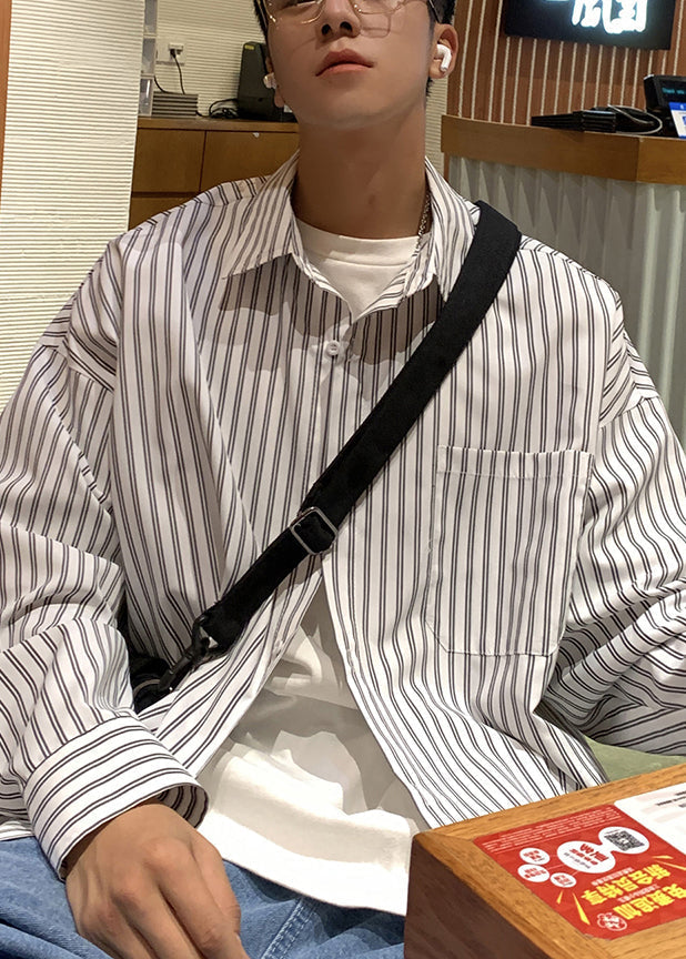 Men's Cotton Shirt White Stripe Peter Pan Collar - OutfitLondon