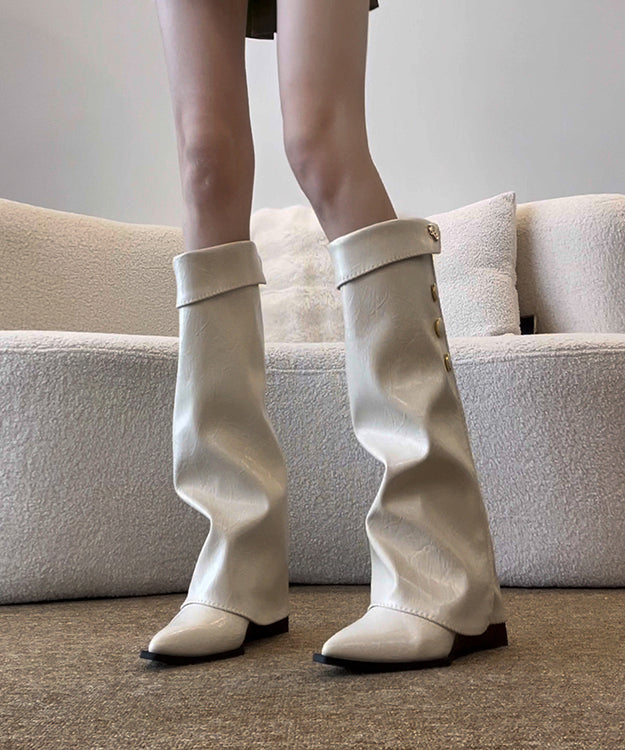 Women's Leather Ankle Boots White 8cm Wedge Heel - OutfitLondon