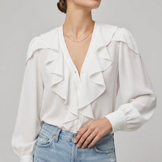 Soft Ruffle V Neck Long Sleeve Women's Blouse - OutfitLondon