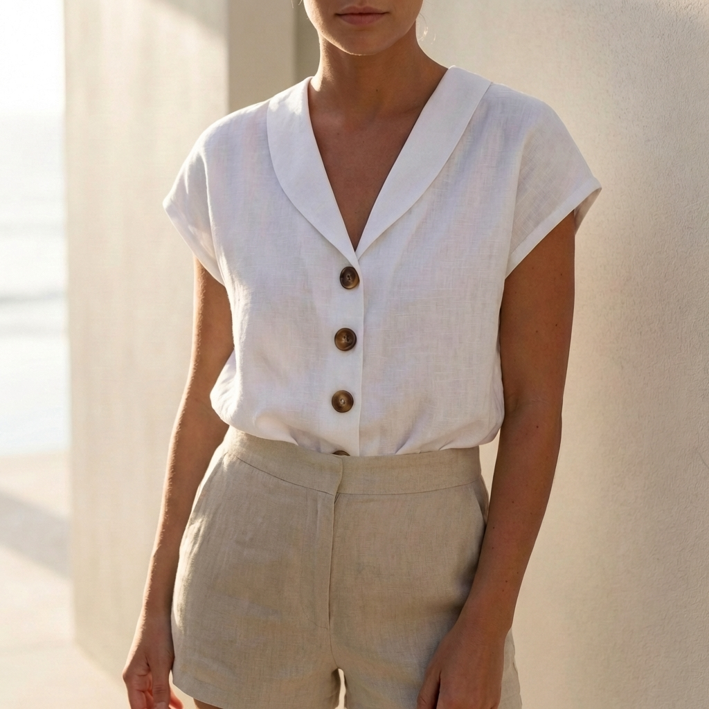 Classic V-Neck Button Blouse for Women - OutfitLondon
