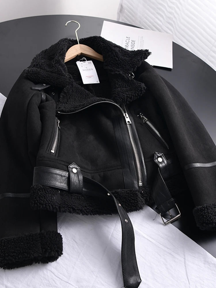 Plush Fleece Lined Sheepskin Winter Coat for Women - OutfitLondon