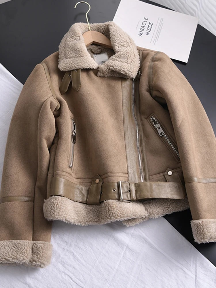Plush Fleece Lined Sheepskin Winter Coat for Women