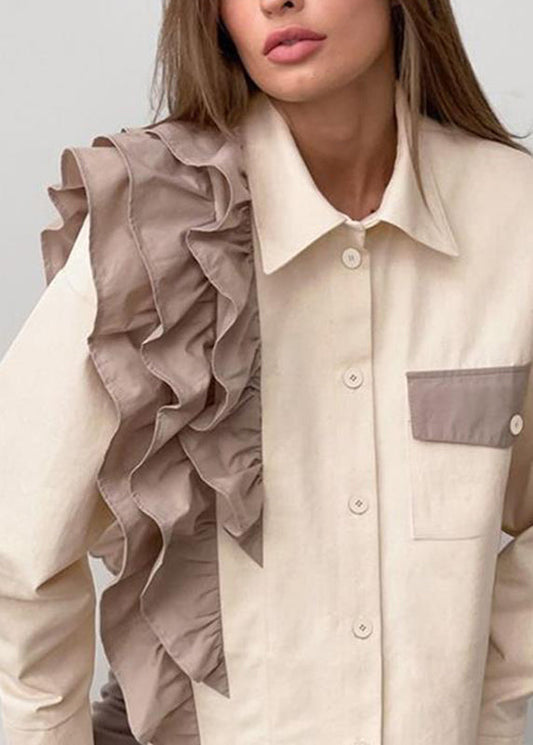 Women's Cotton Blend Blouse Peter Pan Collar Apricot - OutfitLondon