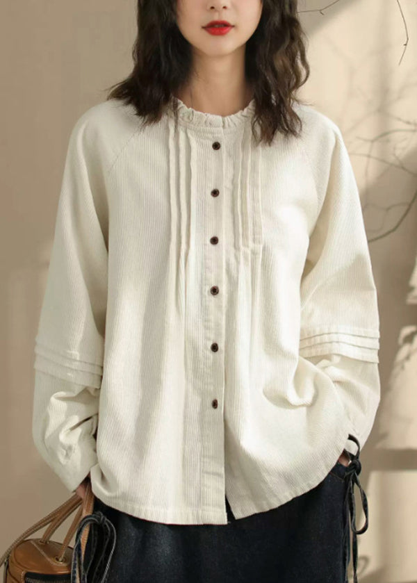 Women's Beige Corduroy Blouse Button Down Flowy - OutfitLondon