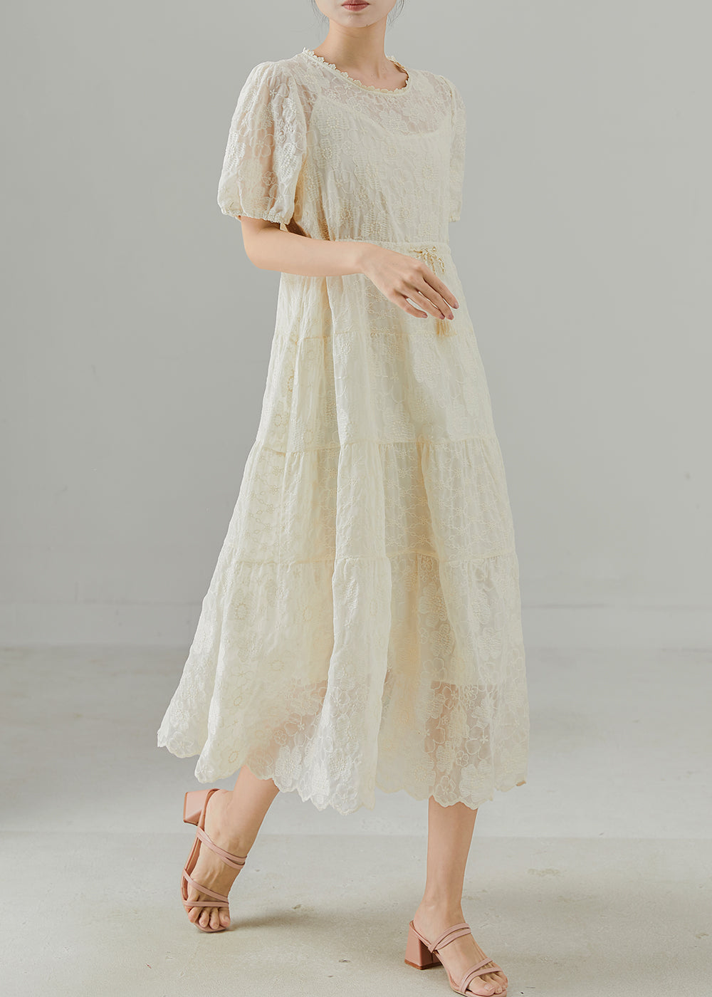Women's Embroidered Cotton Dress Beige Cinched Waist - OutfitLondon