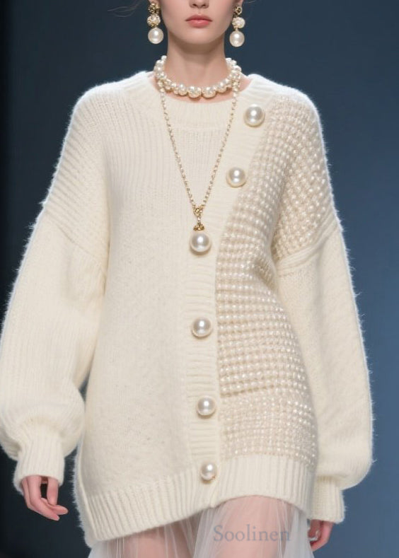 Women's Beige Tulle Knit Robe Cozy Patchwork - OutfitLondon