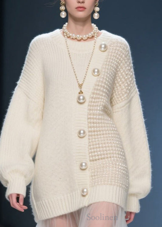 Women's Beige Tulle Knit Robe Cozy Patchwork - OutfitLondon