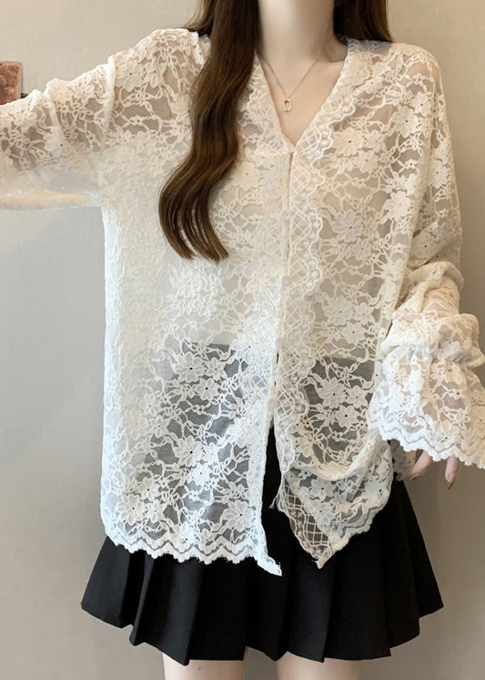 Women's V Neck Blouse Beige Lace Lightweight - OutfitLondon