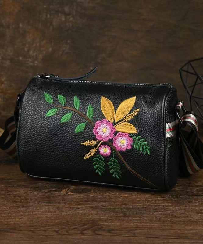 OutfitLondon Women's Embroidered Leather Handbag Black Calf Leather - OutfitLondon