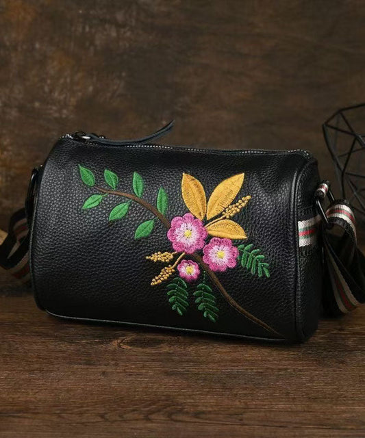 OutfitLondon Women's Embroidered Leather Handbag Black Calf Leather - OutfitLondon