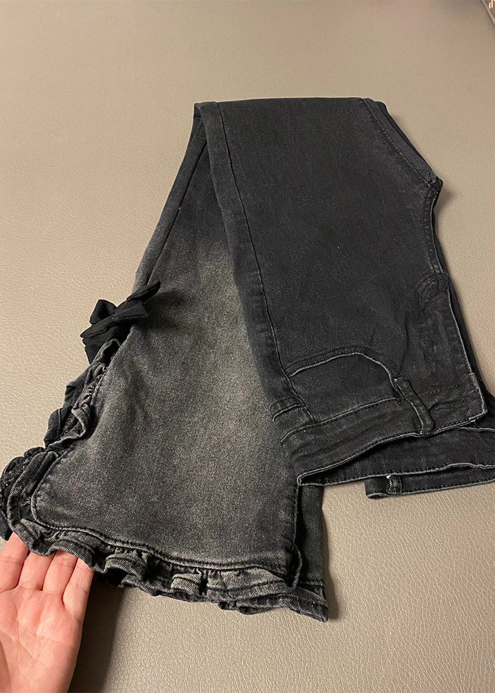 Women's High Waist Flare Jeans Black Denim - OutfitLondon