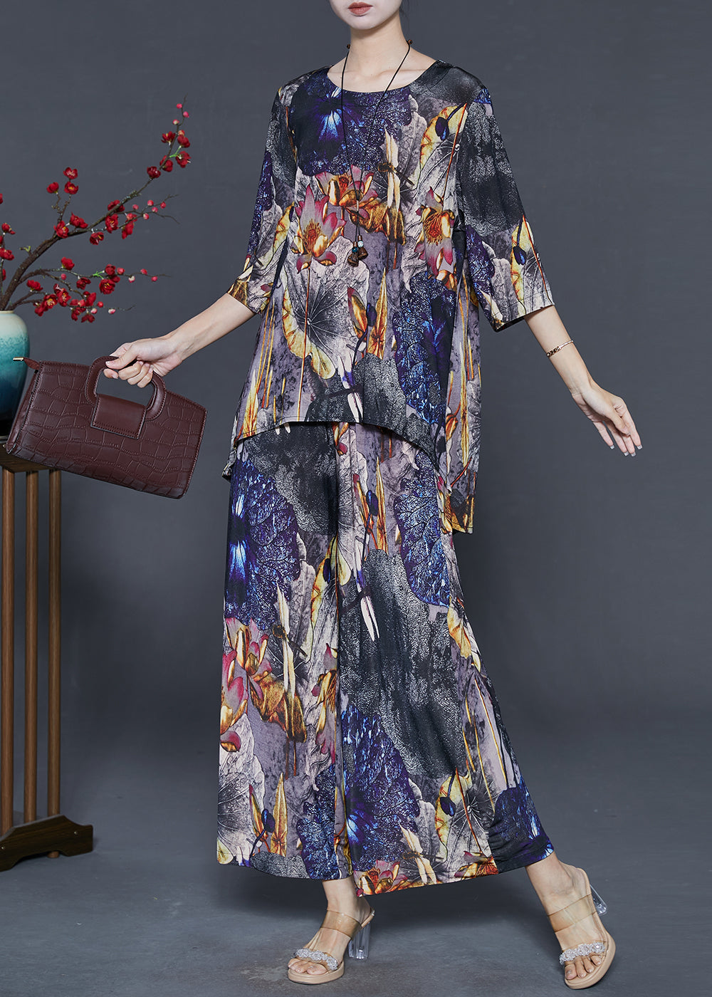 Women's Two Piece Silk Chiffon Set Printed Black - OutfitLondon