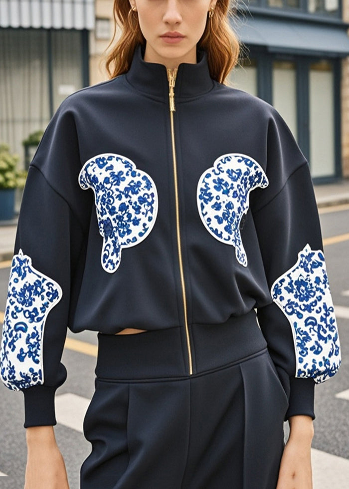 Women's Cotton Coat Patchwork Print Zippered Black - OutfitLondon