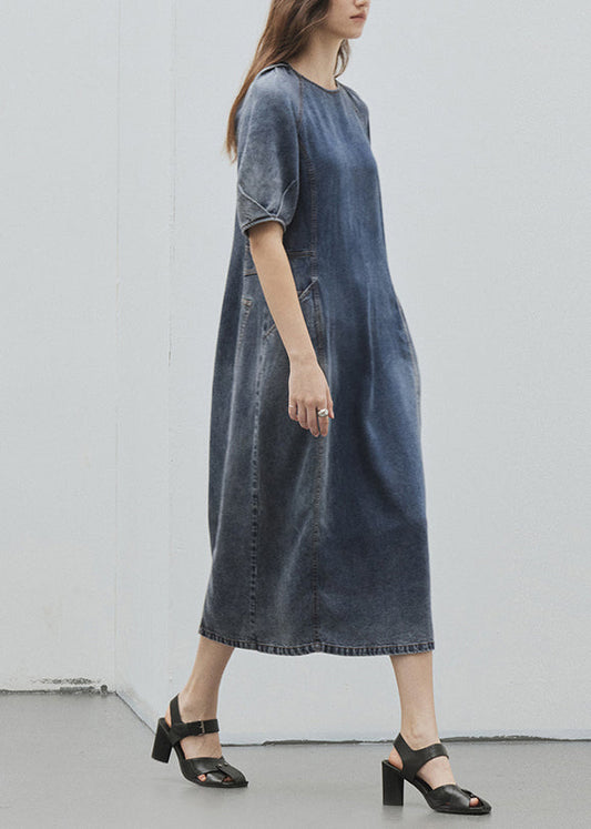 Women's Denim Dress Blue Patchwork Pockets Round Neck - OutfitLondon