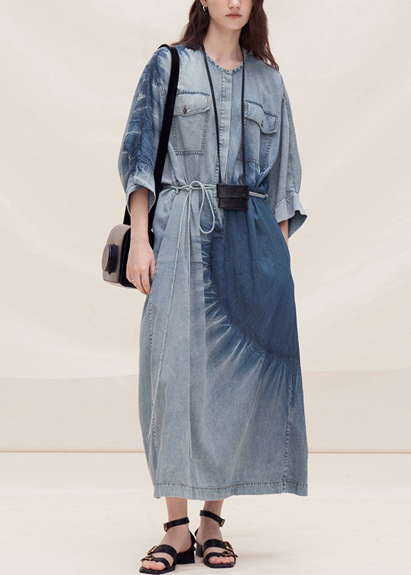 Plus Size Round Neck Tie Dye Denim Dress - OutfitLondon
