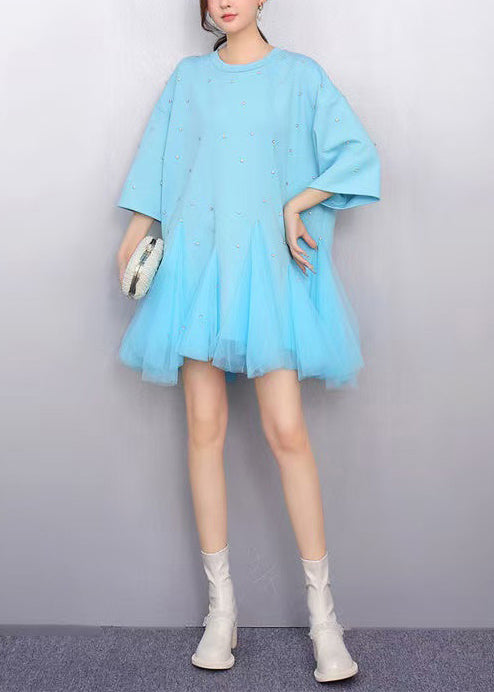 Women's Blue Flowy Mini Dress Oversized Tulle - OutfitLondon