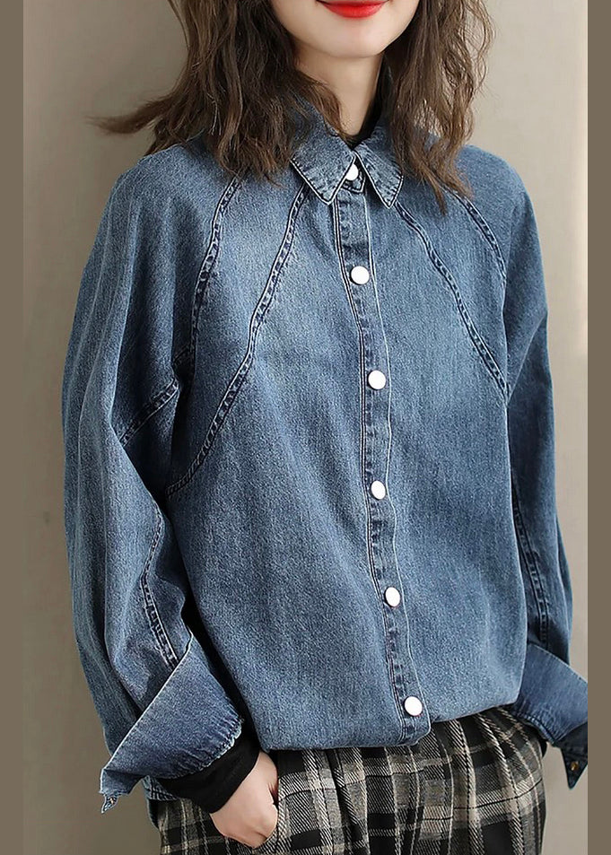 Women's Blue Denim Shirt Peter Pan Collar Casual - OutfitLondon