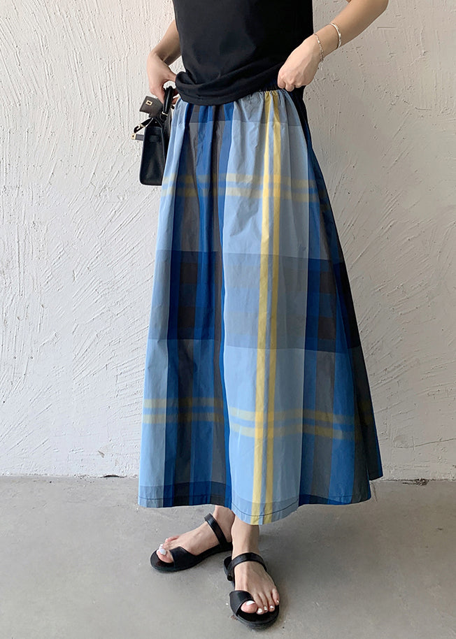 Women's Cotton Plaid Skirt Elastic Waist Lightweight Blue - OutfitLondon