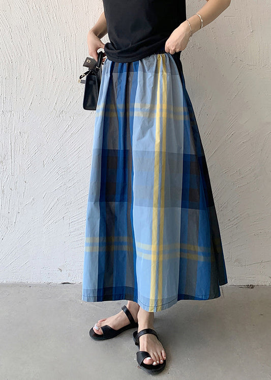 Women's Cotton Plaid Skirt Elastic Waist Lightweight Blue - OutfitLondon