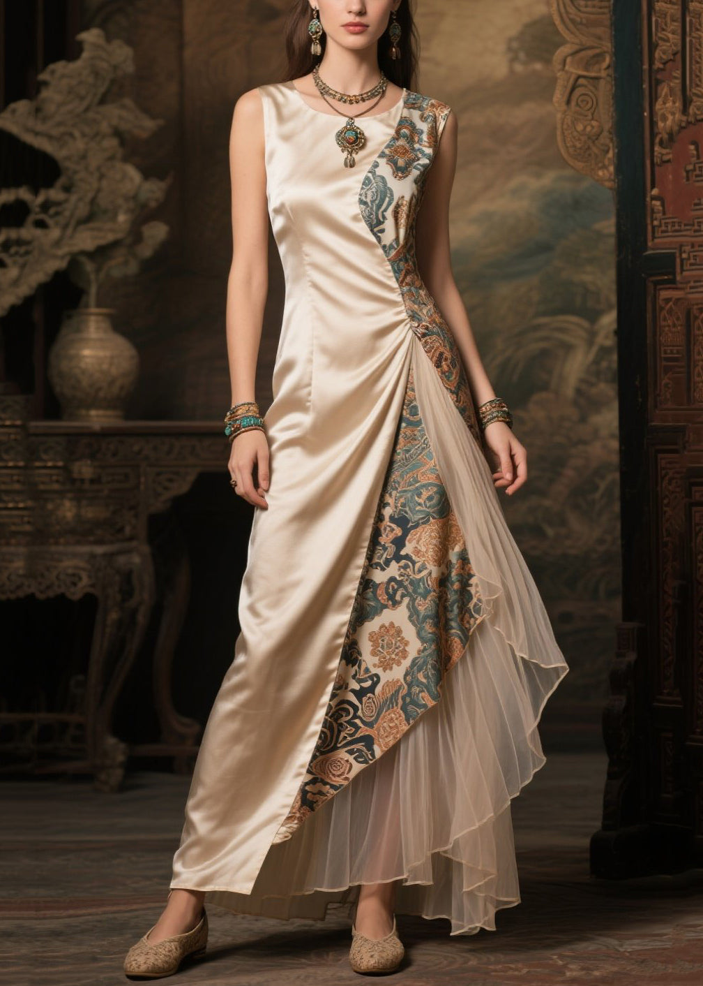 Women's Silk Asymmetric Dress Sleeveless Champagne - OutfitLondon