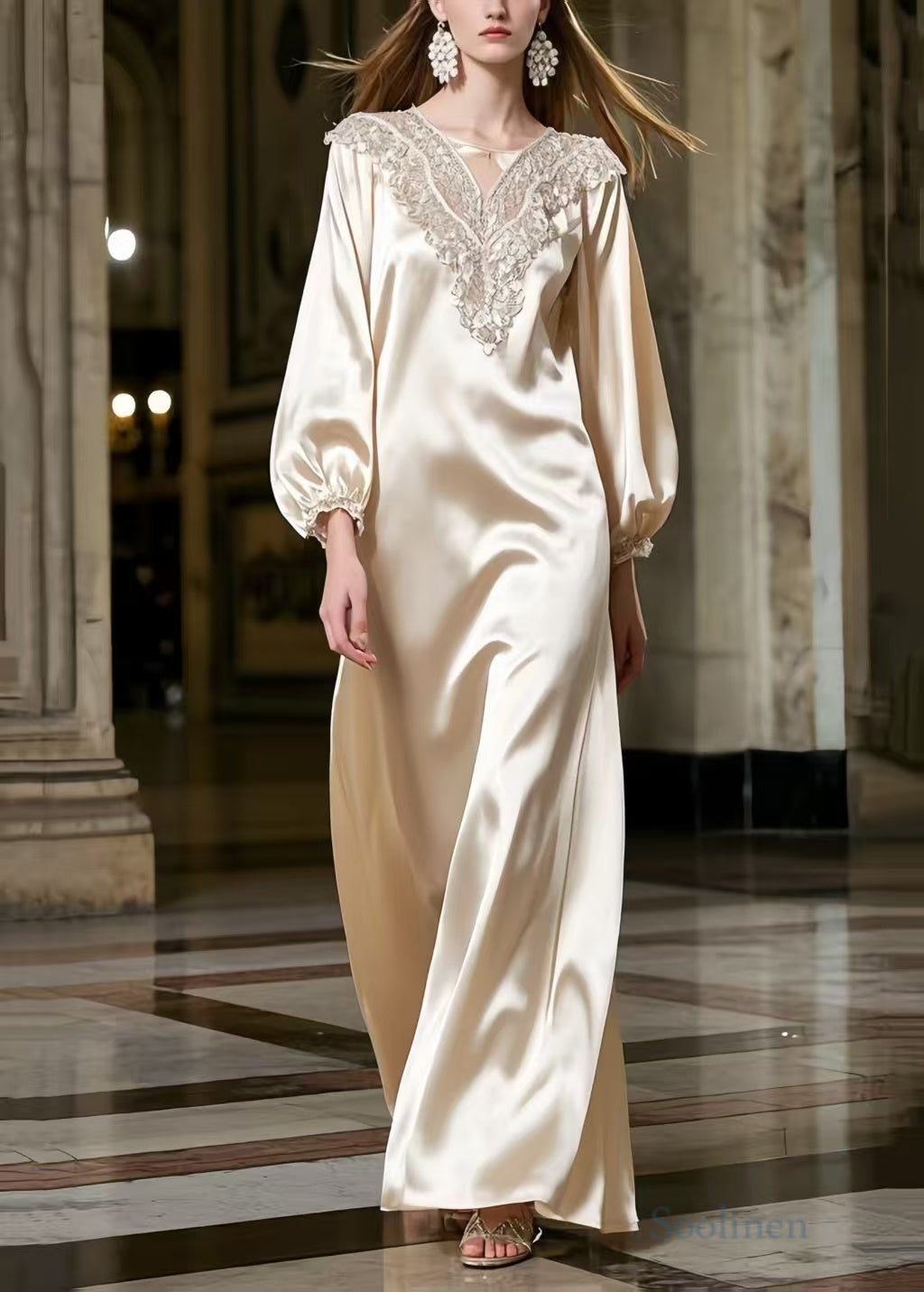 Women's Silk Blend Robe Champagne Lace Trim - OutfitLondon