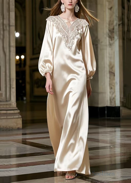 Women's Silk Blend Robe Champagne Lace Trim - OutfitLondon