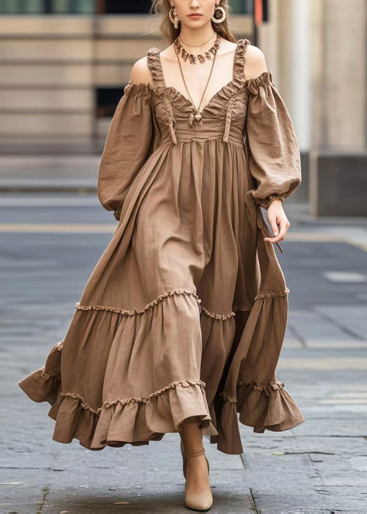 Women's Off Shoulder Maxi Dress Coffee Color - OutfitLondon
