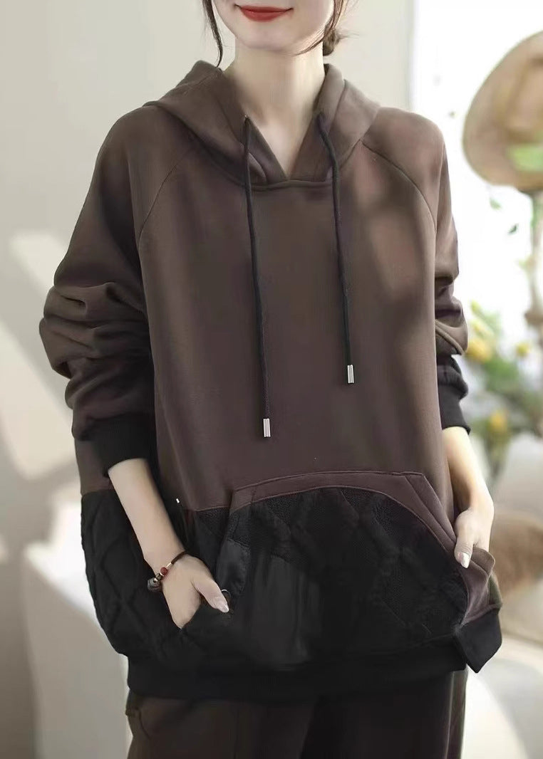 Women's Patchwork Fleece Hoodie Warm Coffee - OutfitLondon