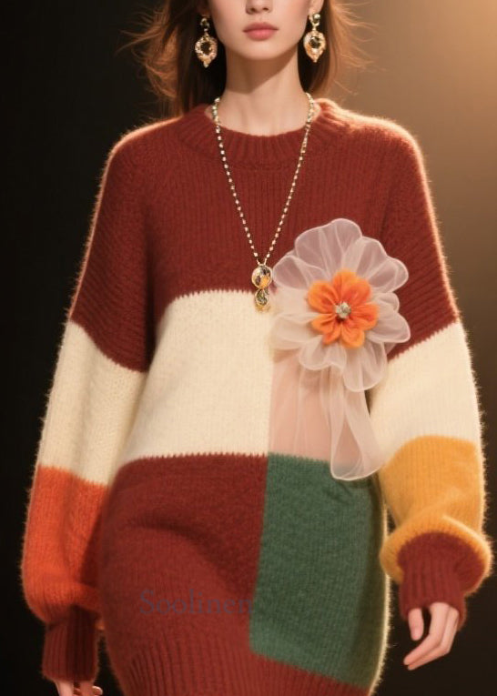 Women's Floral Knit Dress Warm Colorblock Winter Round Neck - OutfitLondon