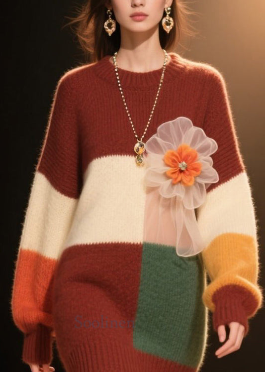 Women's Floral Knit Dress Warm Colorblock Winter Round Neck - OutfitLondon
