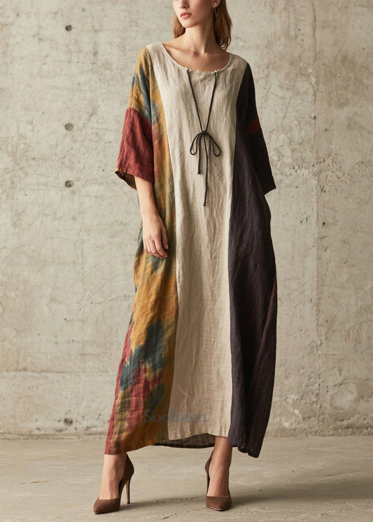 Women's Cotton Maxi Dress Oversized Patchwork Breezy Beige - OutfitLondon