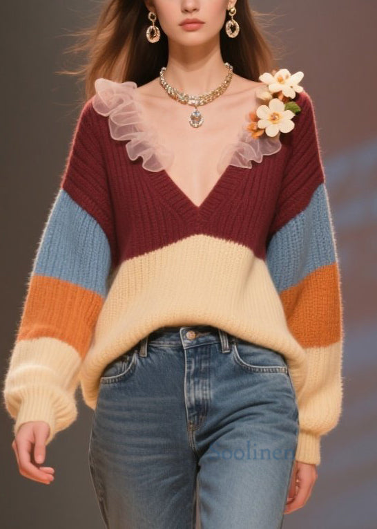 Women's Cropped Sweater Floral Knit V Neck Colorblock Winter - OutfitLondon