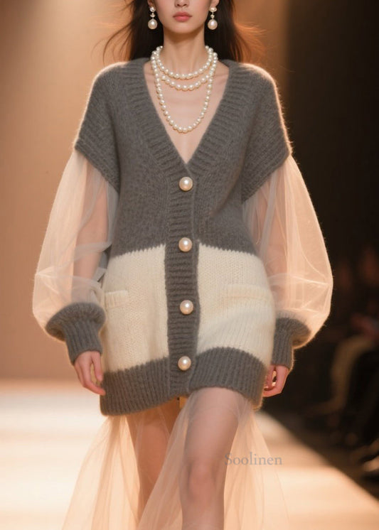 Women's Colorblock Cardigan V Neck Knit - OutfitLondon