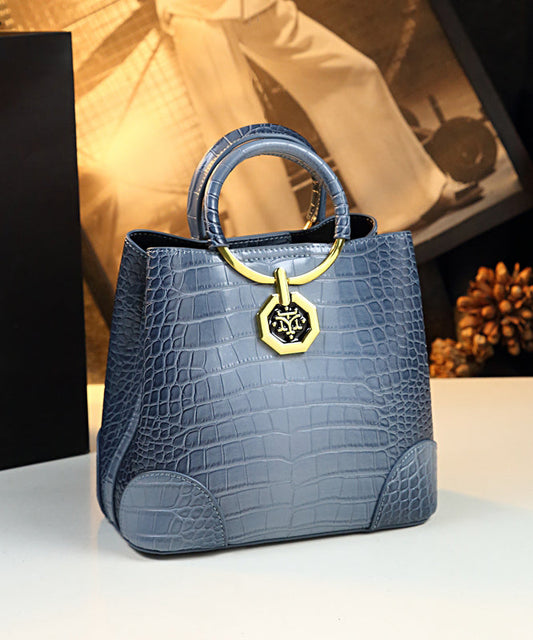 Women's Dark Blue Leather Tote Bag Large Zippered - OutfitLondon