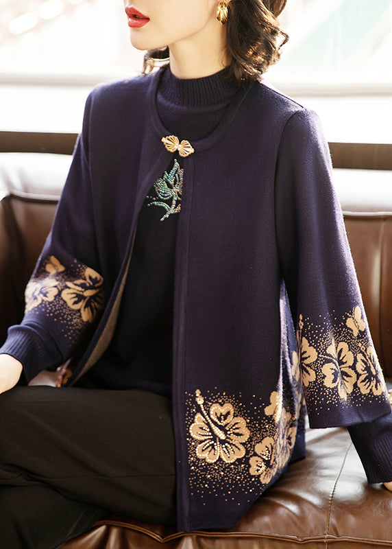 Women's Cotton Cardigan Set Dark Violet Print 3/4 Sleeves - OutfitLondon
