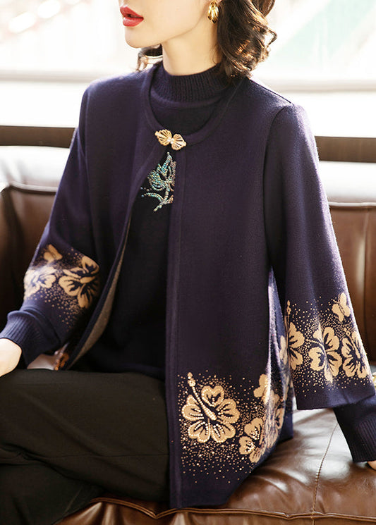 Women's Cotton Cardigan Set Dark Violet Print 3/4 Sleeves - OutfitLondon