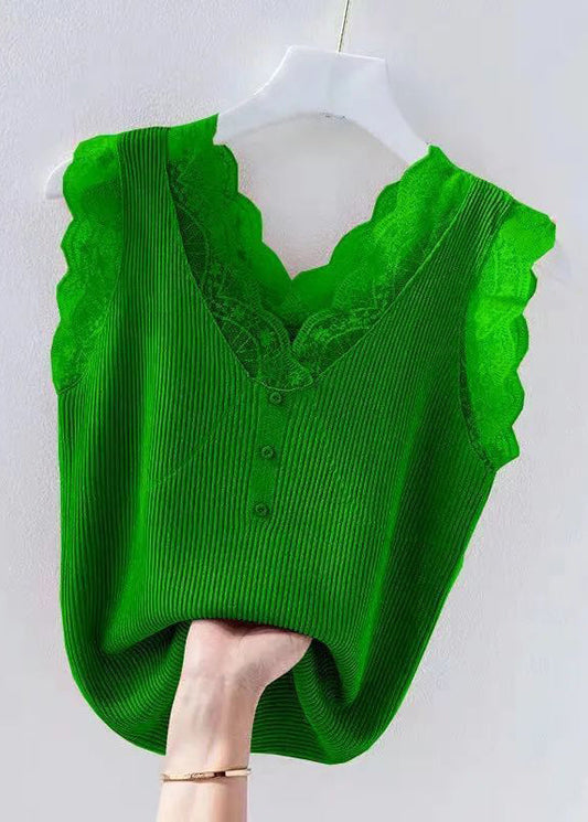 Women's Green Lace Tank V Neck Sleeveless - OutfitLondon