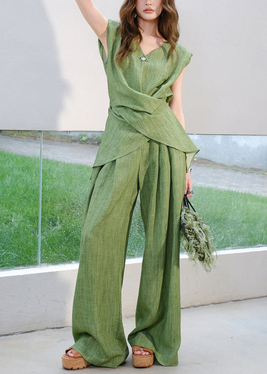 Women's Linen Cotton Two Piece Set Lace Up V Neck Pants - OutfitLondon