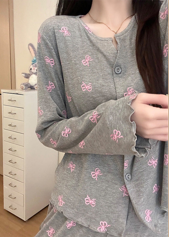 Women's Cotton Pajama Set Gray Bow Print - OutfitLondon