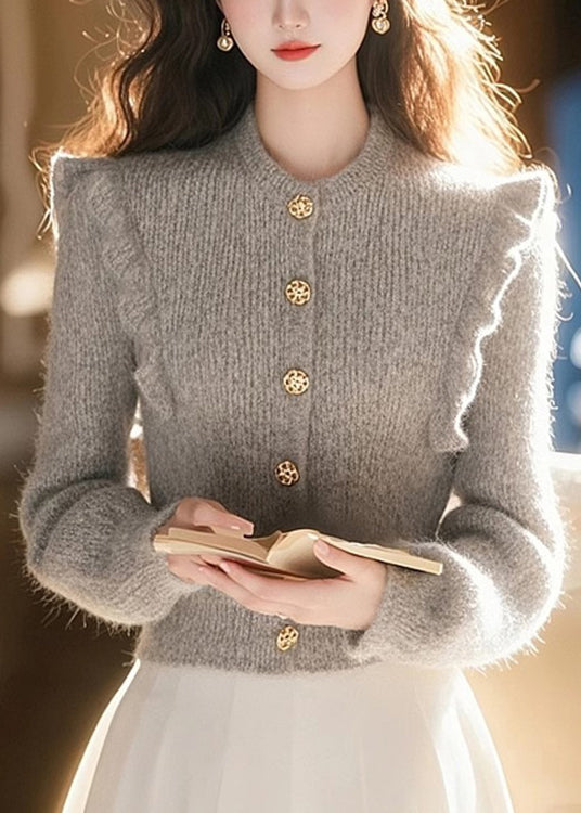 Women's Gray Knit Crew Neck Ruffle Detail - OutfitLondon