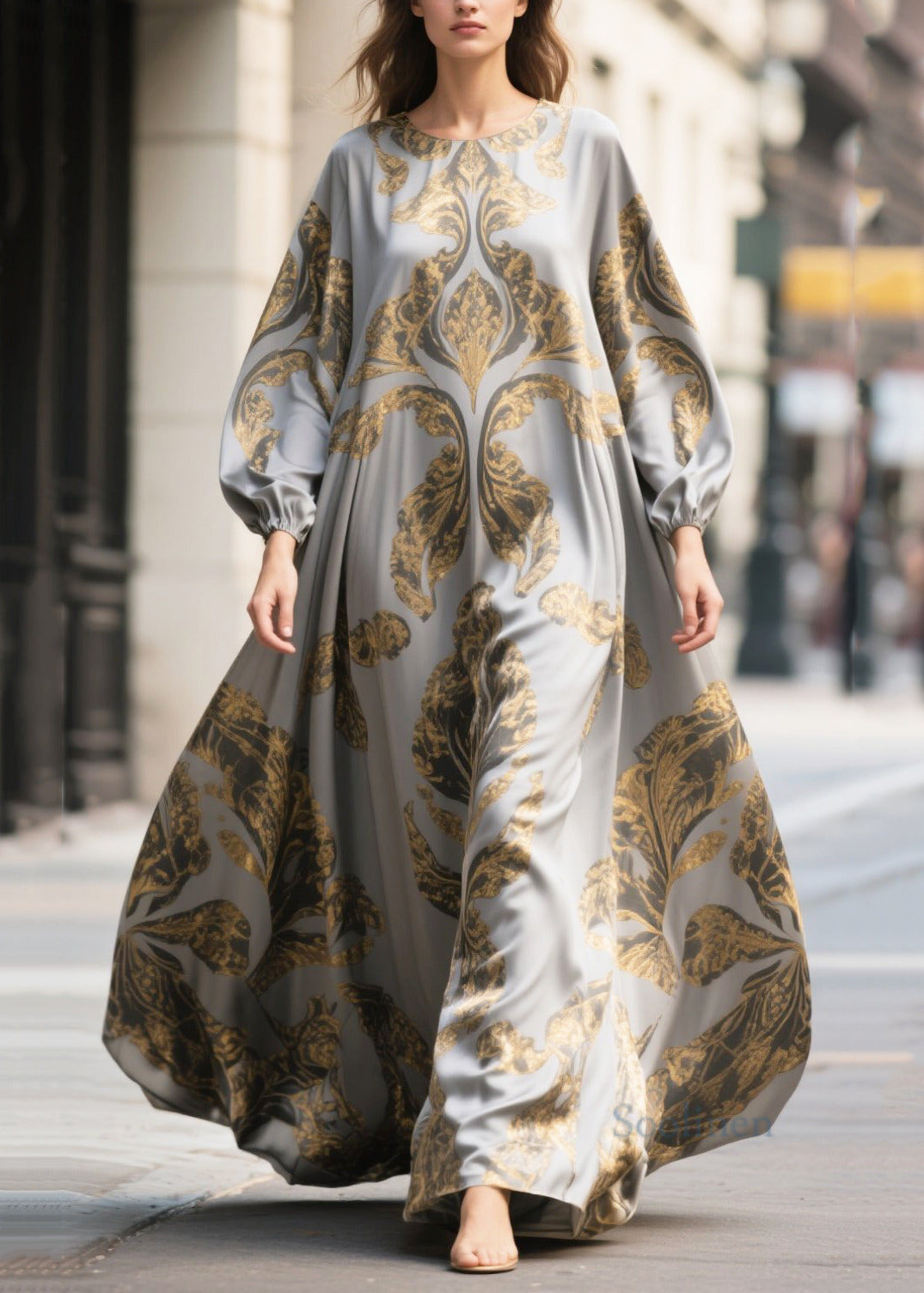 Women's Oversized Maxi Dress Silk Chiffon Soft Grey - OutfitLondon