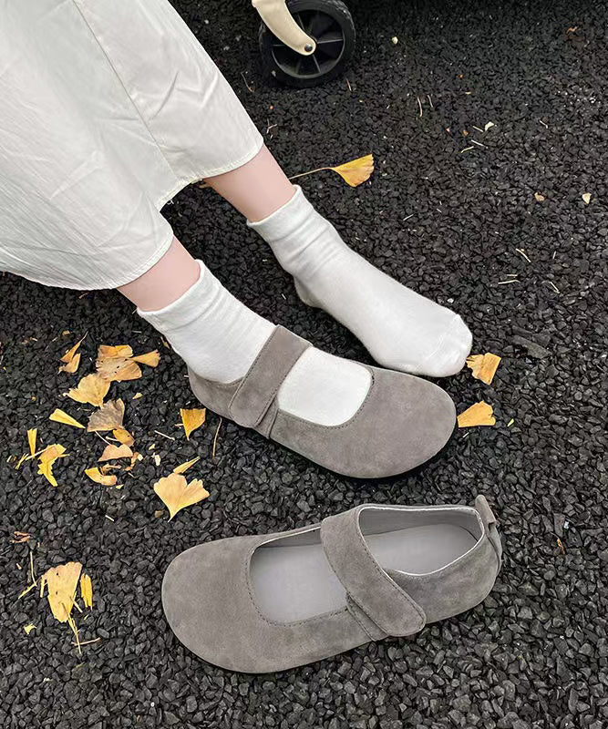 Women's Grey Suede Flat Shoes Buckle Strap Comfortable - OutfitLondon