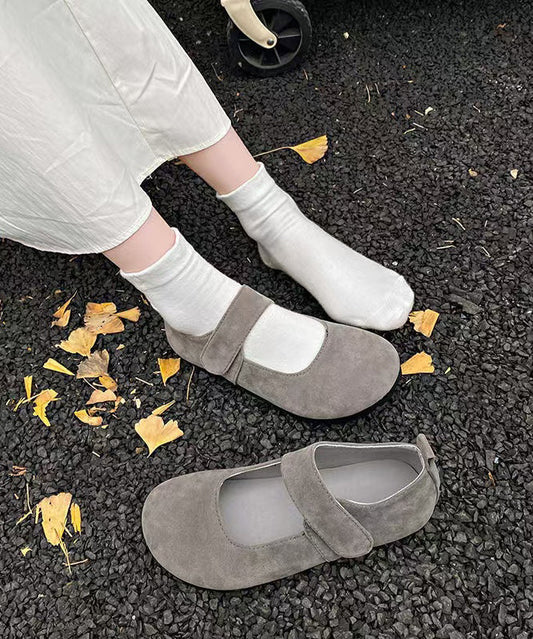 Women's Grey Suede Flat Shoes Buckle Strap Comfortable - OutfitLondon