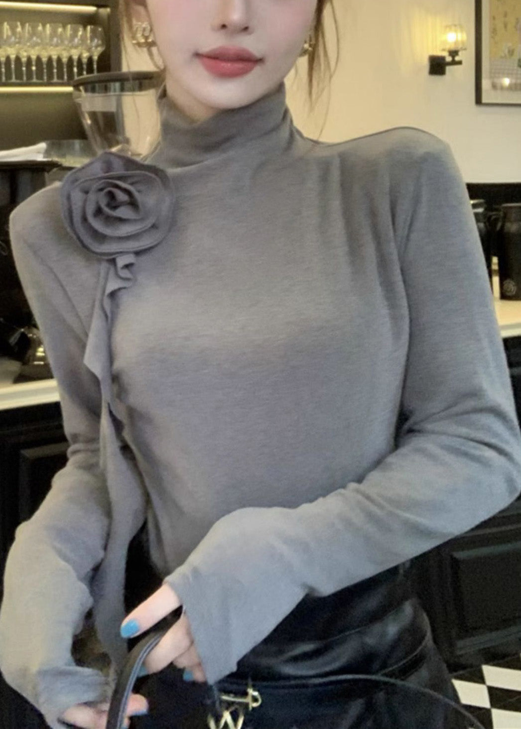 Women's Gray Cotton Turtleneck Floral Print Shirt - OutfitLondon